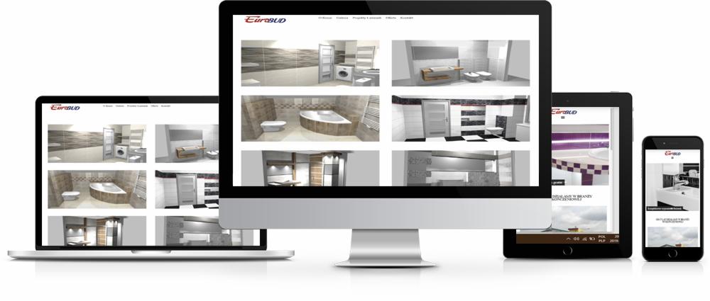Responsywna strona internetowa firmy z Zamościa prezentująca wizualizacje łazienek na ekranach komputera, tabletu i smartfona.