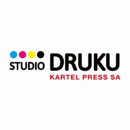 Logo firmy Studio Druku Kartel Press SA z kolorowymi kropkami (cyan, magenta, żółty, czarny) symbolizującymi CMYK.