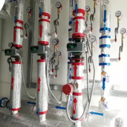 Izolowane rury z zaworami, manometrami i strzałkami wskazującymi kierunek przepływu, widoczne elementy automatyki Wilo, całość w jasnym pomieszczeniu technicznym.