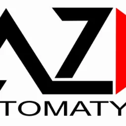 Logo firmy z czarnym symbolem przypominającym połączone litery A i Z oraz czerwonym trójkątem z prawej strony, pod symbolem napis 'AUTOMATYKA' w czarnym kolorze.