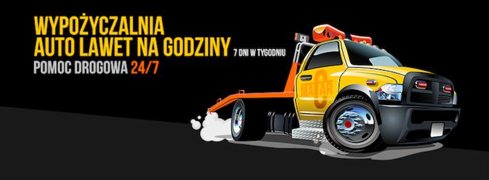 Grafika wektorowa przedstawiająca żółtą lawetę z napisem 'MALAR' na boku, z informacjami o wypożyczalni, pomocy drogowej 24/7 i dostępności 7 dni w tygodniu, na czarnym tle.