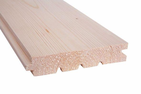 Profilowana deska z jasnego drewna, widoczne słoje, przygotowana do montażu, z systemem łączenia na pióro i wpust.