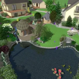 Wizualizacja 3D ogrodu z dużym stawem, dwoma altanami krytymi strzechą, strumykiem, kaskadą i różnorodną roślinnością, w tle domy jednorodzinne.