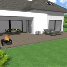 Wizualizacja 3D nowoczesnego domu z tarasem, meblami ogrodowymi, paleniskiem i starannie zagospodarowanym ogrodem.