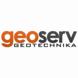 Logo firmy geologicznej 'geoserv GEOTECHNIKA' z pomarańczowo-szarym napisem na białym tle.