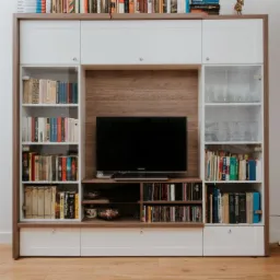 Wielofunkcyjna zabudowa salonu z telewizorem, półkami na książki i dekoracje, białe fronty, drewnopodobne wykończenia, oświetlenie punktowe, podłoga drewniana.