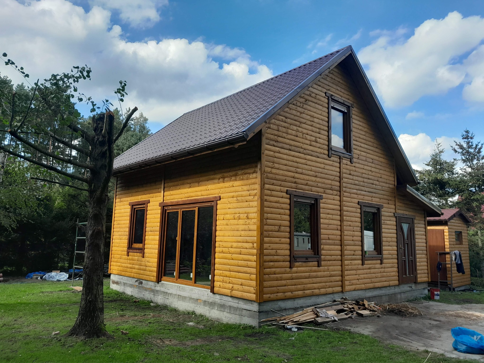 Zewnętrzny widok parterowego domu z bali z brązowym dachem, widoczne okna i drzwi z ciemnymi ramami, częściowo wykończony teren wokół budynku, na trawie leżą resztki drewna, w tle drzewa i błękitne...