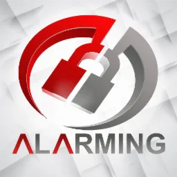 Graficzne logo firmy zabezpieczeniowej: stylizowany, czerwono-szary kłódka w okręgu, nazwa firmy 'ALARMING' poniżej, na abstrakcyjnym, jasnoszarym tle.