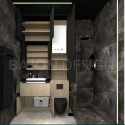 Nowoczesna łazienka z ciemnymi marmurowymi płytkami, czarną armaturą i drewnianymi elementami zabudowy, w tym szafkami z półkami i ukrytym bojlerem oraz szarą pompą sanitarną w szafce pod umywalką.