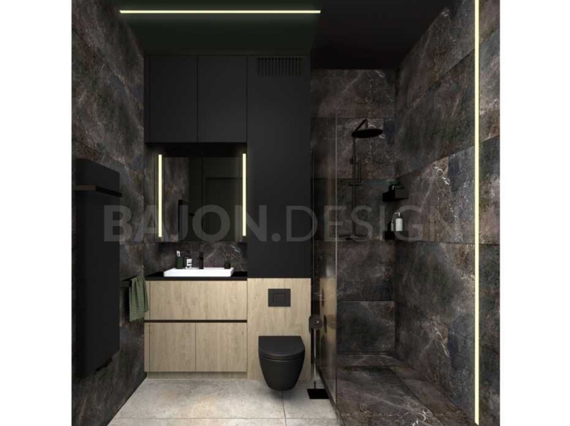 Nowoczesna łazienka z czarnymi elementami, marmurowymi ścianami i podświetlanym lustrem, kabina prysznicowa typu walk-in z czarną armaturą.
