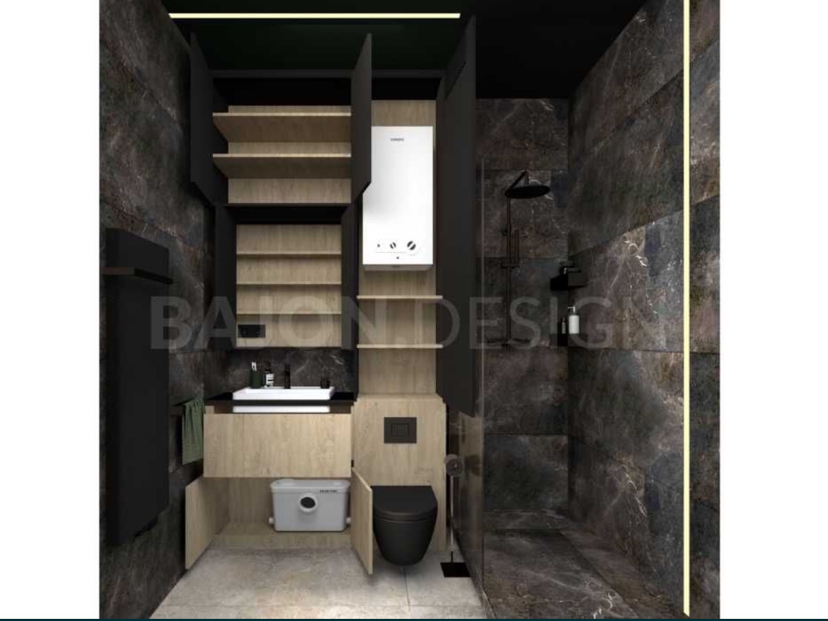 Nowoczesna łazienka z ciemnymi marmurowymi płytkami, czarną armaturą i drewnianymi elementami zabudowy, w tym szafkami z półkami i ukrytym bojlerem oraz szarą pompą sanitarną w szafce pod umywalką.