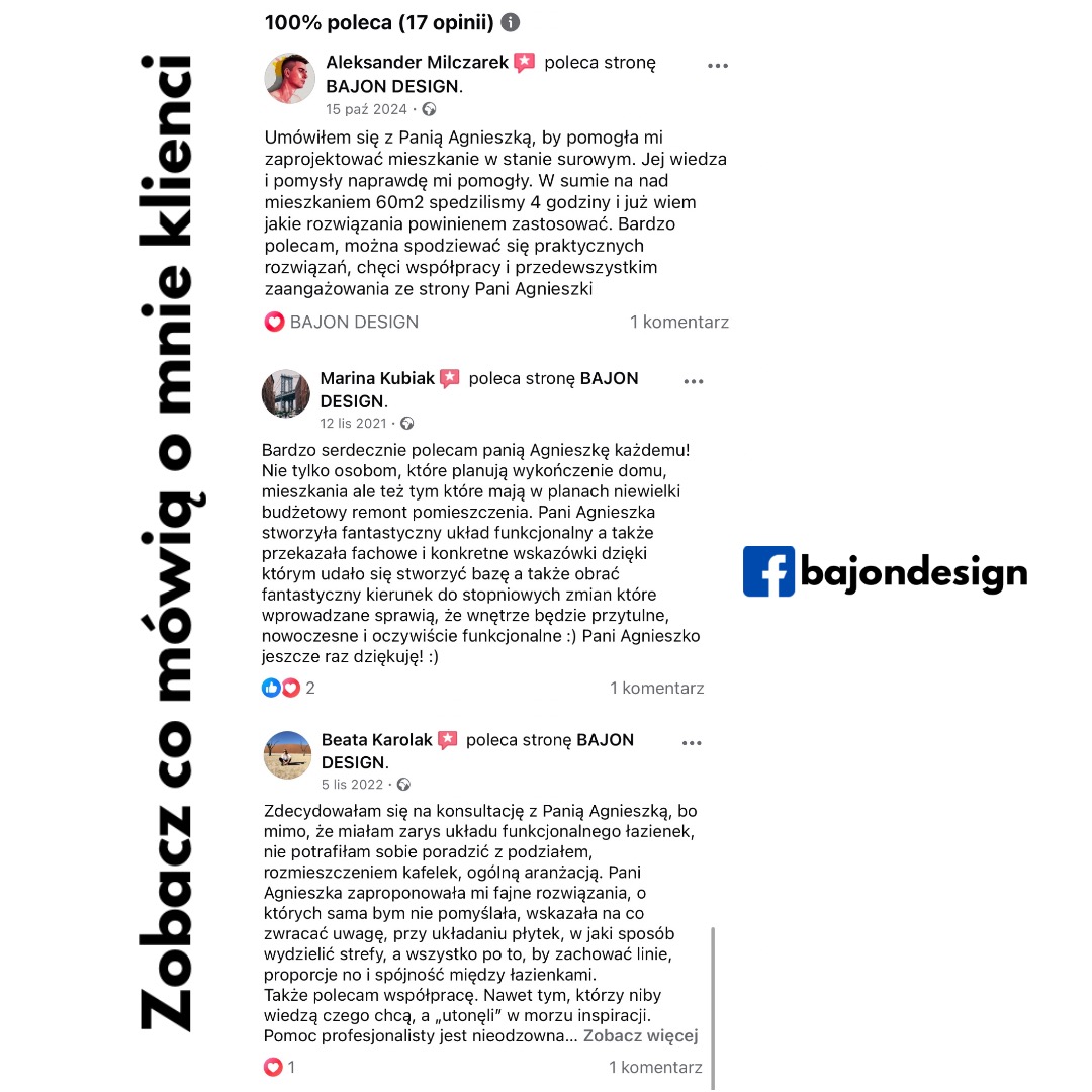 Zrzut ekranu z opiniami klientów o firmie Bajon Design, zawierający rekomendacje dotyczące projektowania mieszkań, aranżacji łazienek i konsultacji w zakresie układu funkcjonalnego.