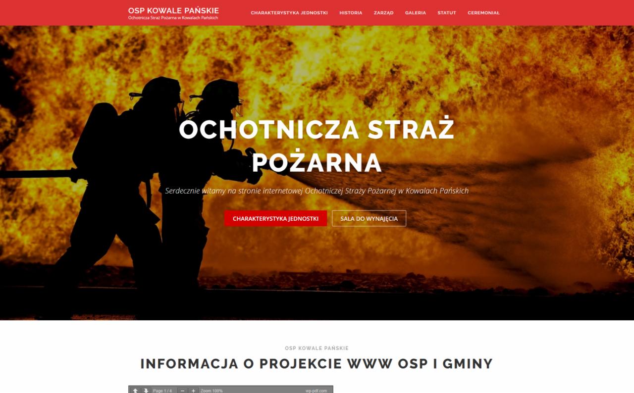 Strona internetowa Ochotniczej Straży Pożarnej w Kowalach Pańskich z sylwetkami strażaków na tle płomieni.