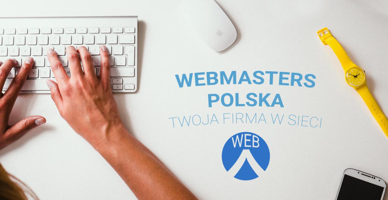 Ręce piszące na klawiaturze Apple, obok myszka, żółty zegarek Swatch i smartfon, na białym tle z napisem 'Webmasters Polska Twoja firma w sieci' i logo WEB.