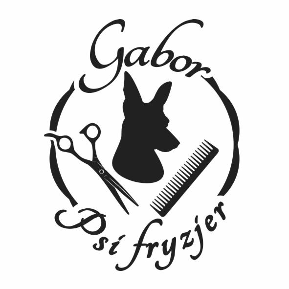 Logo psiego fryzjera Gabor: sylwetka psa w okręgu z nożyczkami i grzebieniem, czarno-białe.