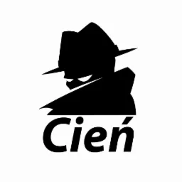 Czarno-białe logo przedstawiające sylwetkę osoby w kapeluszu i płaszczu, z widocznymi tylko oczami, nad napisem 'Cień'.