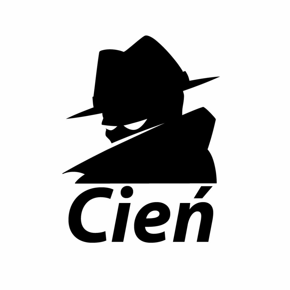Czarno-białe logo przedstawiające sylwetkę osoby w kapeluszu i płaszczu, z widocznymi tylko oczami, nad napisem 'Cień'.