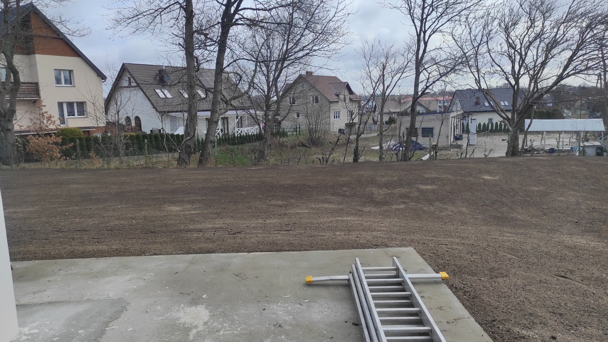 Przygotowany teren pod trawnik, widoczne świeżo wyrównane podłoże z drabinką opartą o betonowy taras, w tle zabudowa jednorodzinna i drzewa bez liści.
