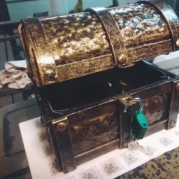 Otwarta metalowa skrzynia w stylu vintage z brązowo-złotą patyną, zamknięta na zieloną kłódkę z kluczem, leżąca na stole z naklejkami z logo firmy.