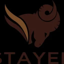 Brązowe logo firmy Stayer BHP przedstawiające głowę barana z zakręconymi rogami na czarnym tle.