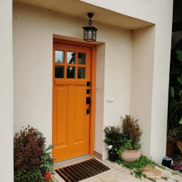 Doorotka - Pomarańczowe drzwi zewnętrzne z szybkami, czarną klamką i daszkiem, oświetlone lampą, otoczone roślinami w donicach na jasnym kamiennym podłożu.