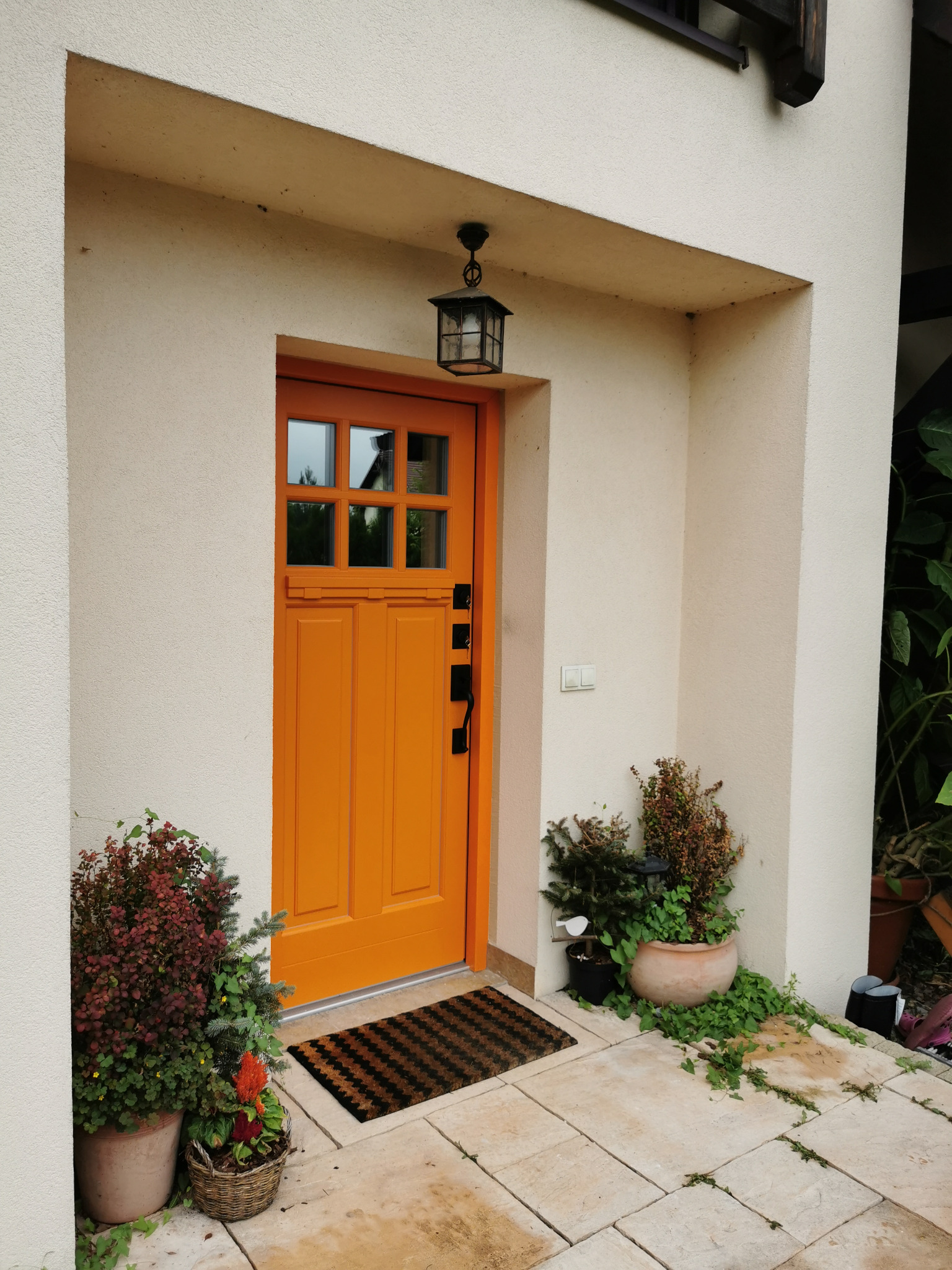 Pomarańczowe drzwi zewnętrzne z szybkami, czarną klamką i daszkiem, oświetlone lampą, otoczone roślinami w donicach na jasnym kamiennym podłożu.