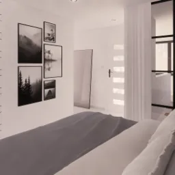 Wizualizacja sypialni w minimalistycznym stylu z geometryczną tapetą, czarno-białymi zdjęciami w ramkach i łóżkiem w odcieniach szarości.