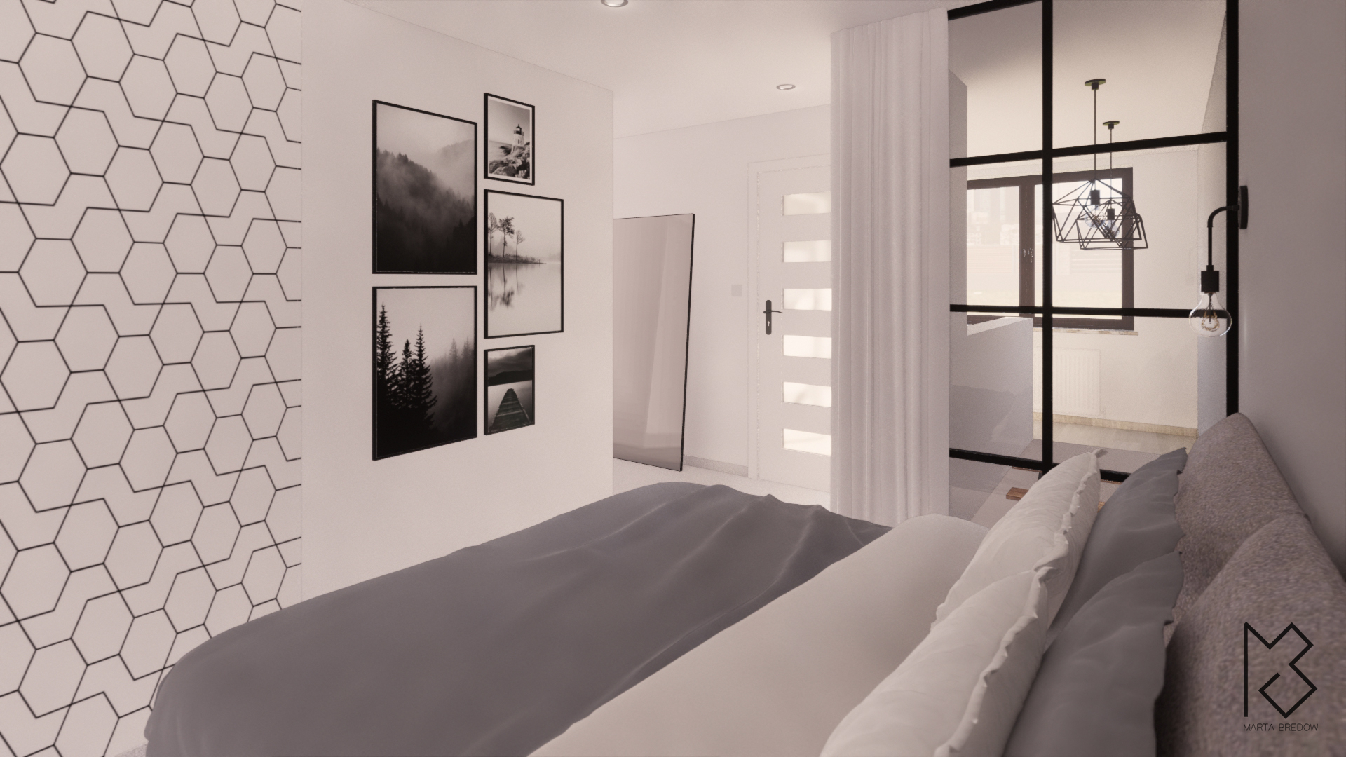 Wizualizacja sypialni w minimalistycznym stylu z geometryczną tapetą, czarno-białymi zdjęciami w ramkach i łóżkiem w odcieniach szarości.