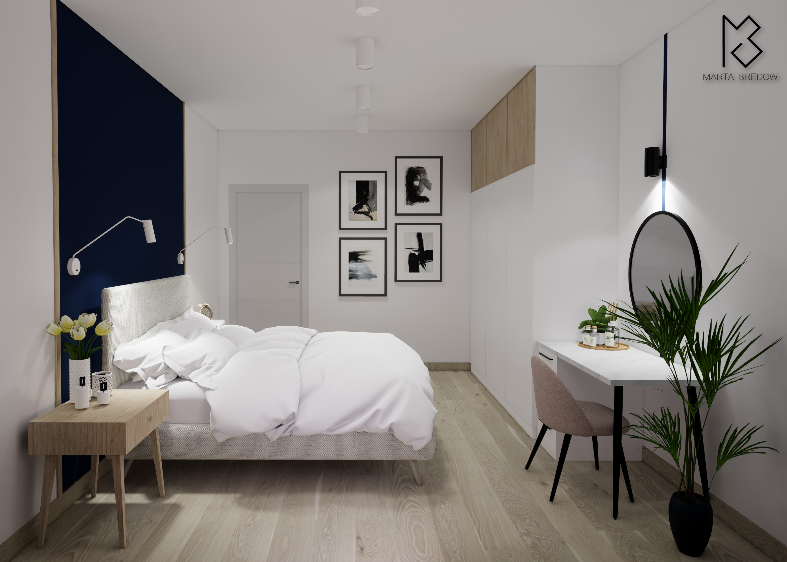 Nowoczesna sypialnia z łóżkiem z szarą ramą i białą pościelą, ciemnoniebieską ścianą za wezgłowiem, drewnianą szafką nocną, minimalistycznymi lampami ściennymi, biurkiem z lustrem i rośliną...