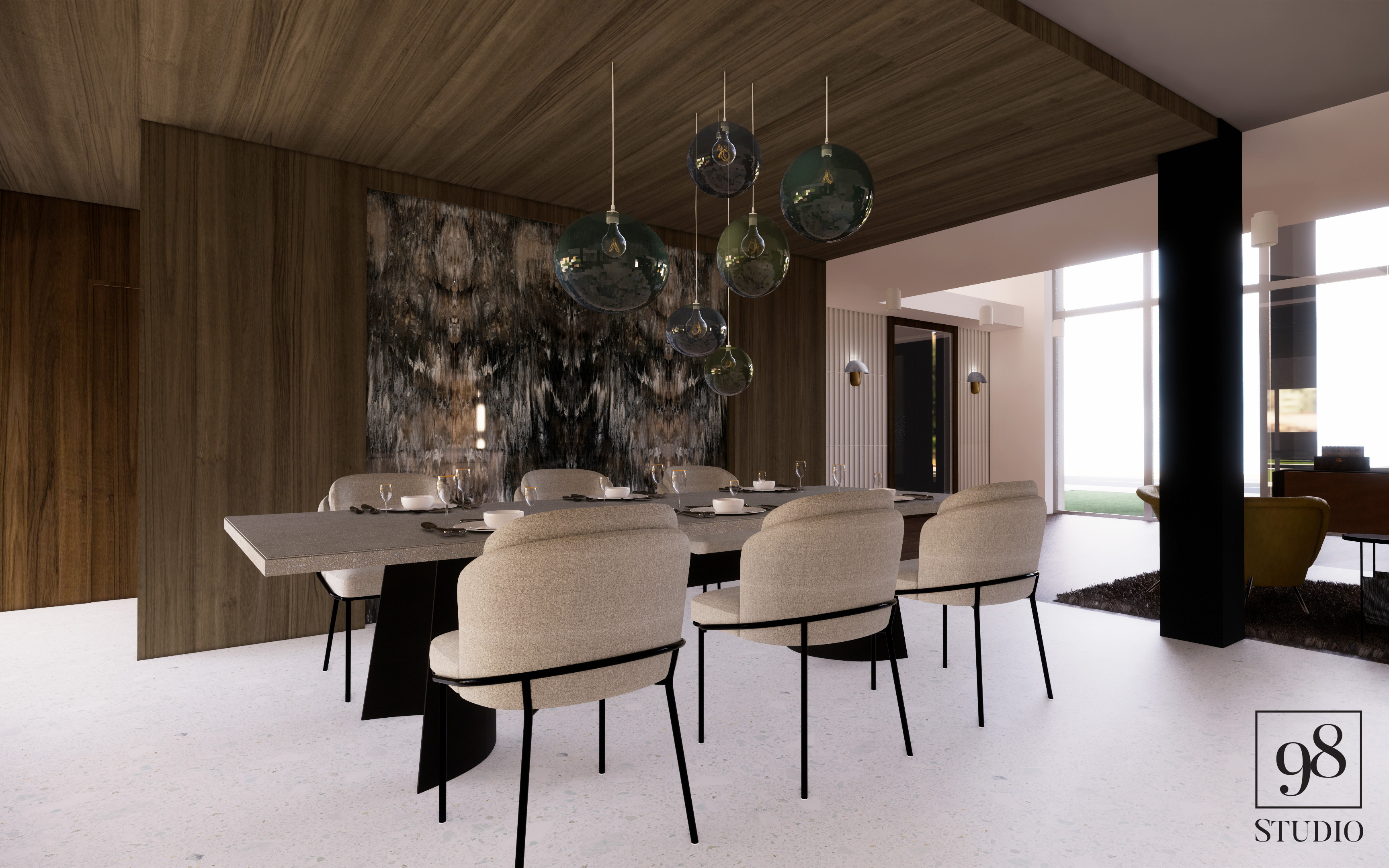 Nowoczesna jadalnia z drewnianym wykończeniem ścian i sufitu, szarym stołem z zastawą, beżowymi krzesłami z czarnymi nogami oraz wiszącymi szklanymi lampami w kształcie kul.