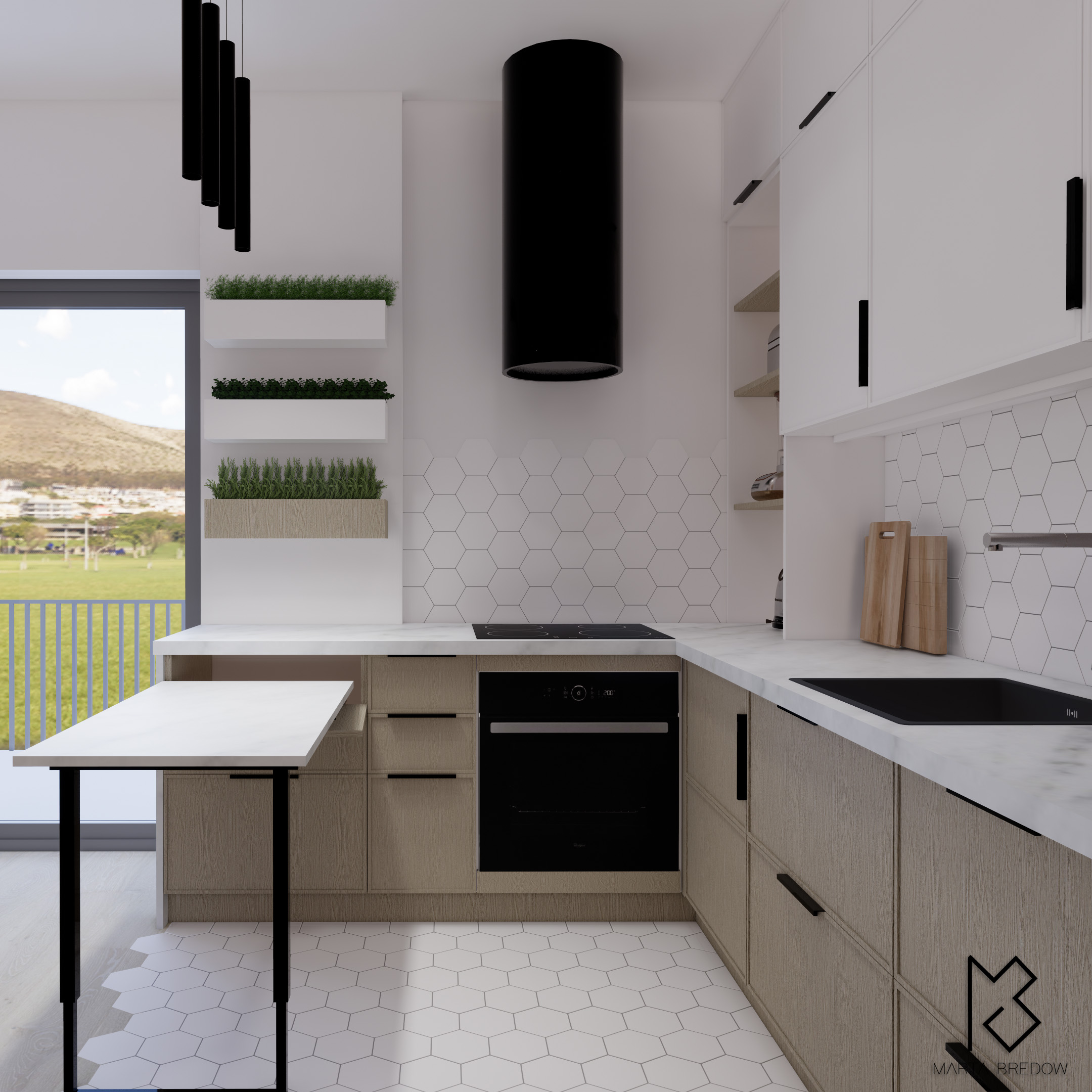 Wizualizacja nowoczesnej kuchni z białymi szafkami górnymi i drewnopodobnymi dolnymi, czarnym okapem cylindrycznym i lampami wiszącymi, heksagonalnymi płytkami na ścianie i podłodze, oraz zielonymi...