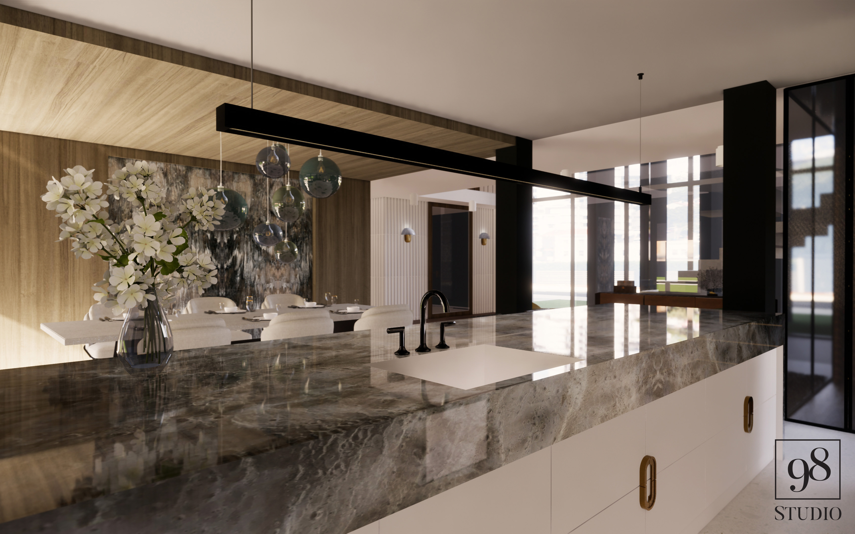 Nowoczesna kuchnia z marmurowym blatem, czarną armaturą i wiszącymi lampami kulami, widok na jadalnię i przeszkloną ścianę.