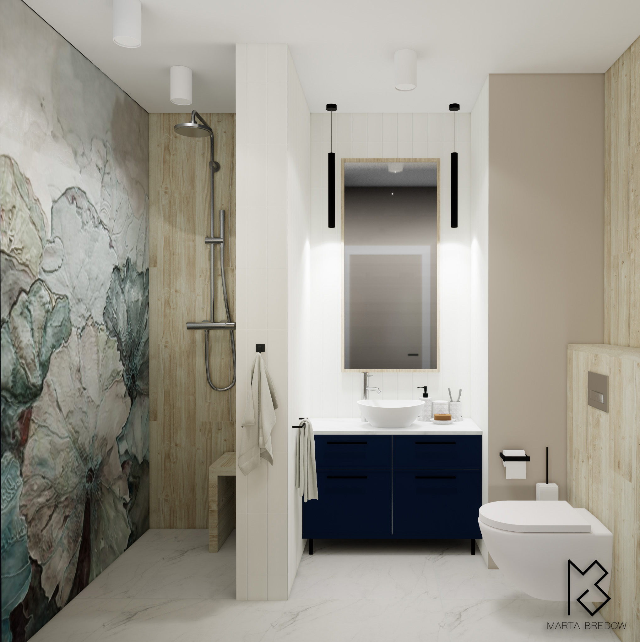 Wizualizacja nowoczesnej łazienki z akcentami drewna i motywem kwiatowym na ścianie prysznica, umywalka nablatowa i szafka w kolorze granatowym, podwieszana toaleta.