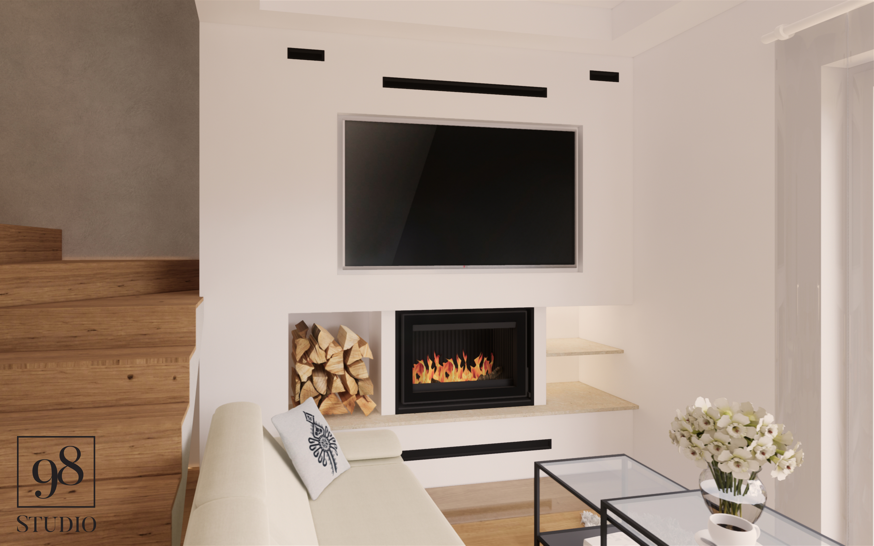 Wizualizacja salonu z kominkiem, telewizorem i schodami z drewna; nowoczesny design z akcentami drewna i minimalistycznym wystrojem.