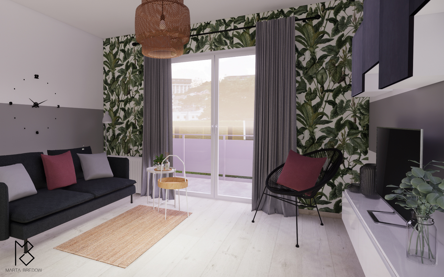 Wizualizacja salonu z motywem roślinnym na tapecie, szarą sofą z bordową poduszką, okrągłym stolikiem i plecionym fotelem, oświetlonego plecioną lampą.