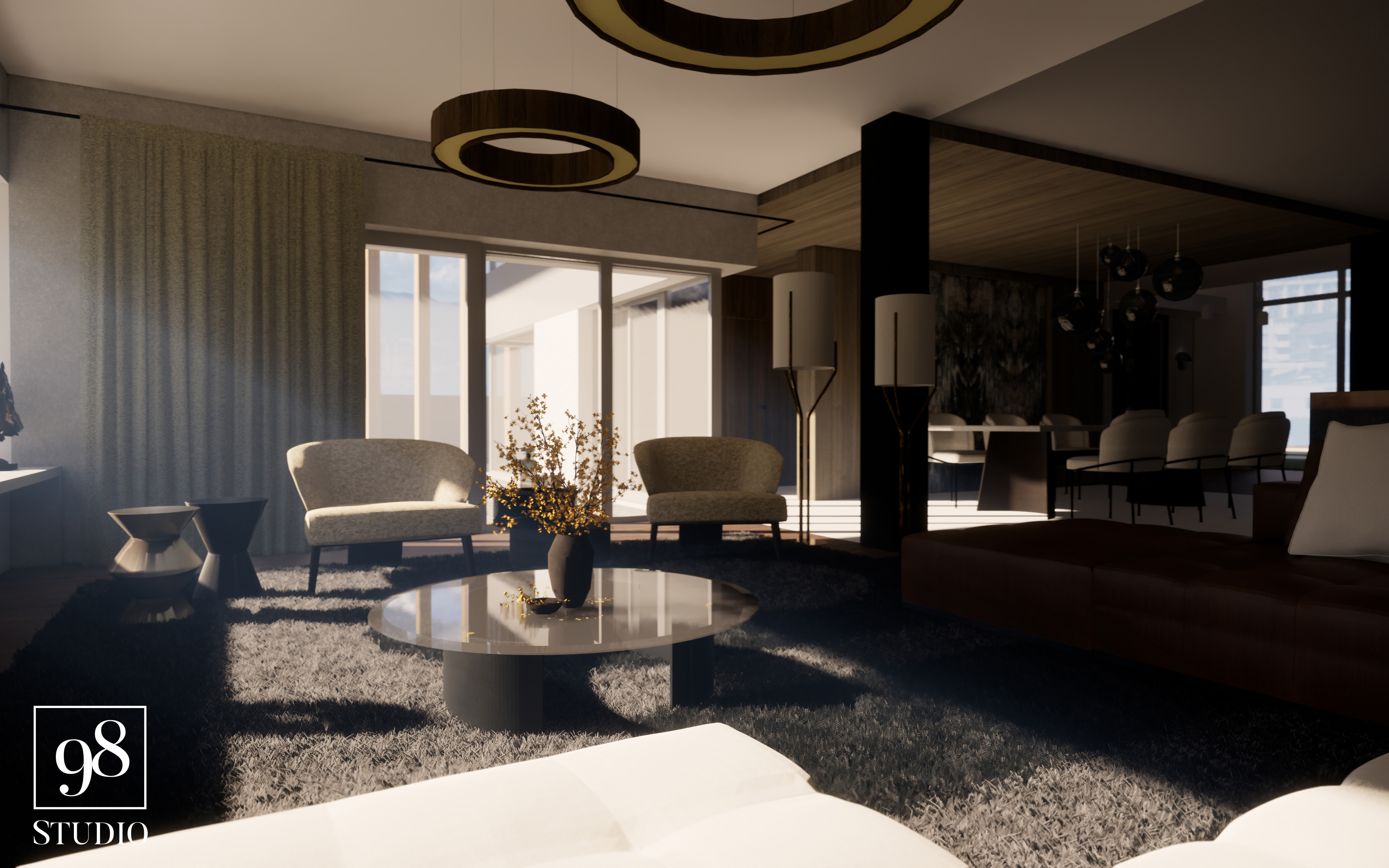 Wizualizacja salonu z dużym oknem, okrągłym stolikiem kawowym z wazonem, dwoma fotelami i elementami oświetlenia w postaci okrągłych lamp sufitowych i wysokich lamp podłogowych.