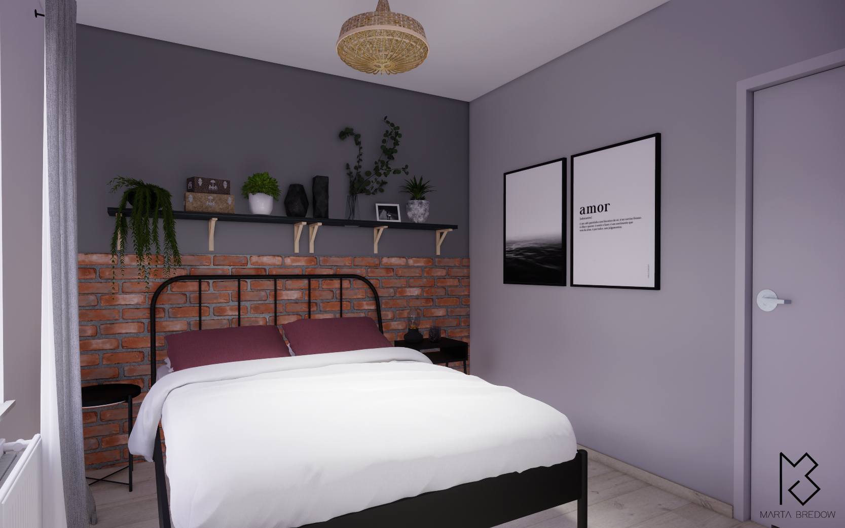 Wizualizacja sypialni z łóżkiem z czarną ramą, ceglaną ścianą za wezgłowiem, półką z roślinami i dwoma plakatami na ścianie w odcieniach szarości.
