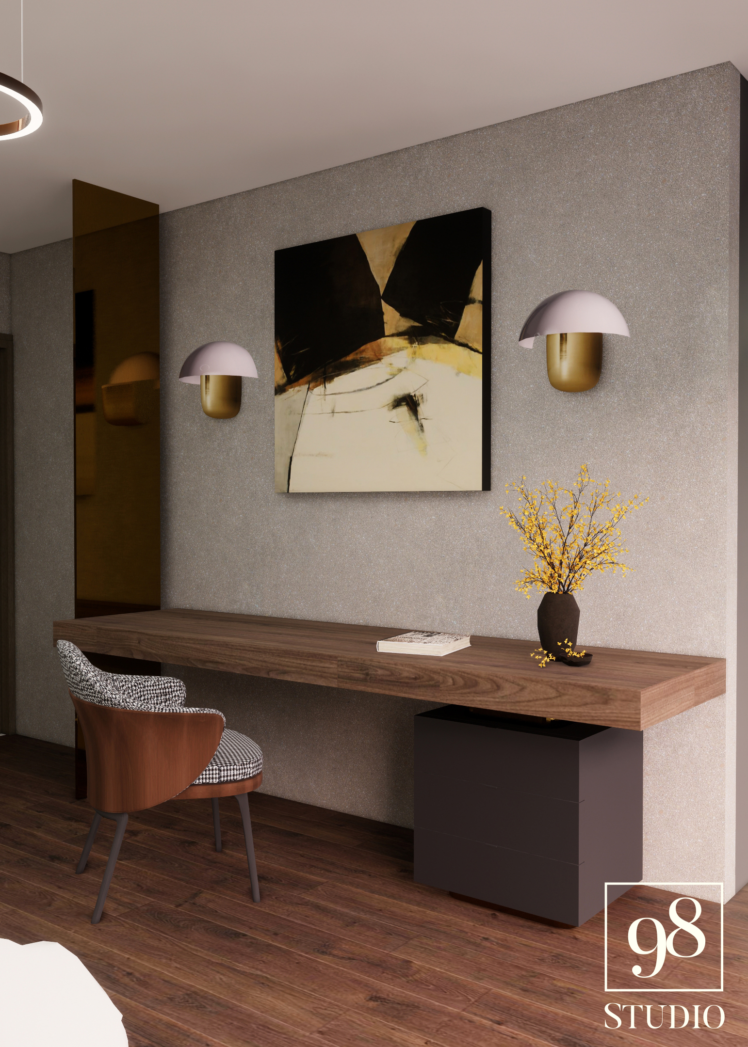 Wizualizacja pokoju z biurkiem z drewna orzechowego, krzesłem w pepitkę, abstrakcyjnym obrazem i lampami w stylu art deco.