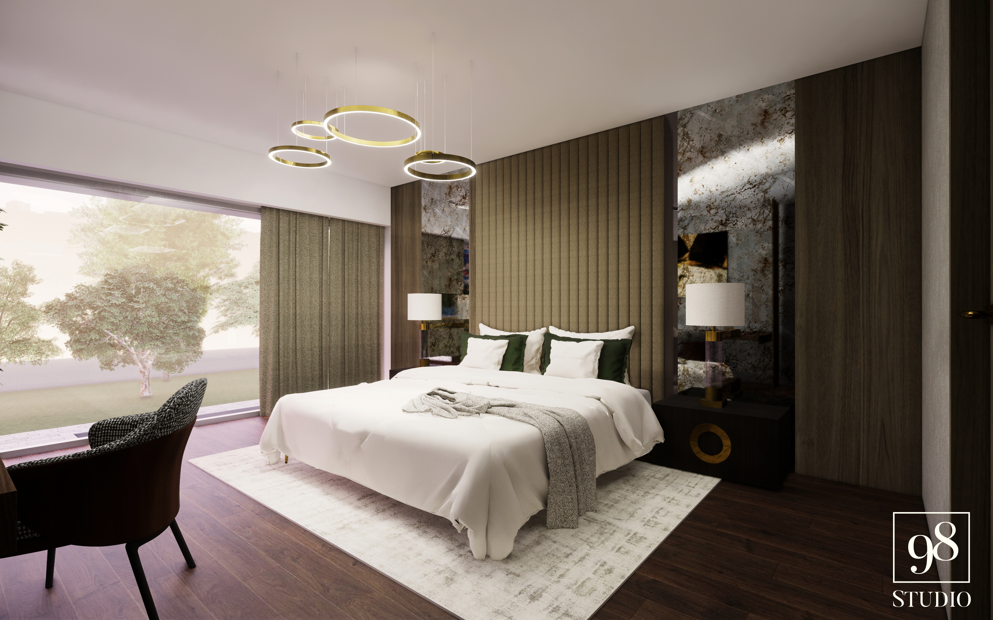 Wizualizacja sypialni z łóżkiem, lampkami nocnymi i okrągłymi lampami wiszącymi, widok na ogród przez duże okno, fotel w kratę w rogu.