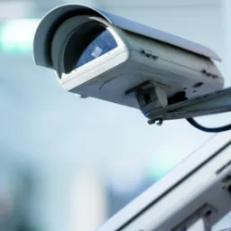 Dwie kamery przemysłowe zamontowane na ścianie budynku, widoczne przewody zasilające i elementy mocujące.