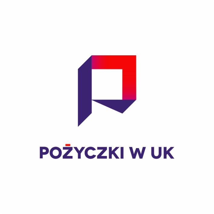 Logo firmy oferującej pożyczki w UK, z abstrakcyjnym symbolem w kolorach fioletu i czerwieni.