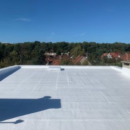 F.U.Baks-Bud - Biała, płaska powierzchnia dachu po renowacji, z widocznymi liniami podziału i fragmentami kominów, na tle zieleni drzew i zabudowań w słoneczny dzień.