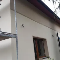 Jasna elewacja domu jednorodzinnego z dekoracyjnymi listwami, widoczne rusztowanie i drabina, otoczenie zieleni.