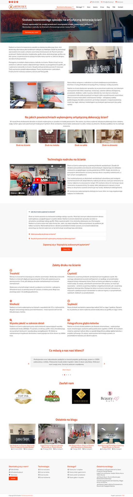 Strona internetowa firmy Artbudex prezentująca nadruki na ścianach, z przykładami realizacji w salonie fryzjerskim Gandalf Barber i innych miejscach.