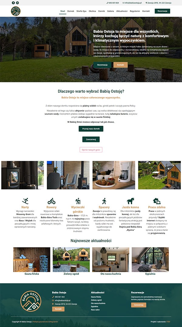 Strona internetowa Babia Ostoja prezentująca ofertę domków do wynajęcia z widokiem na góry, z zielonym ogrodem i sauną fińską, z możliwością rezerwacji online.