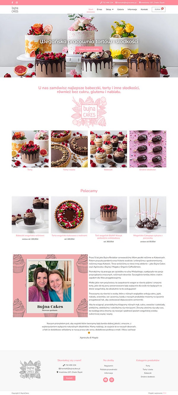 Strona internetowa wegańskiej pracowni tortów i słodkości Bujna Cakes, prezentująca ofertę tortów, babeczek i innych deserów bez cukru, glutenu i nabiału, z widocznymi zdjęciami produktów.