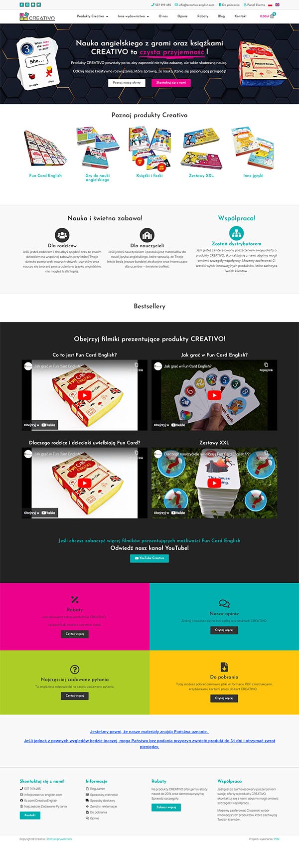 Projekt strony internetowej firmy Creativo, prezentujący produkty do nauki języka angielskiego dla dzieci, z widocznymi grami, książkami i zestawami językowymi.