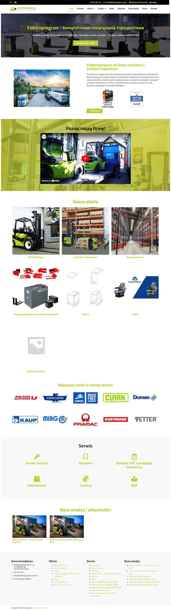 Strona internetowa firmy Elektroprogram, oferującej kompleksowe rozwiązania transportowe, w tym wózki widłowe, technika magazynowa i regały paletowe. Widoczne logo firmy oraz sekcje oferty, serwisu...