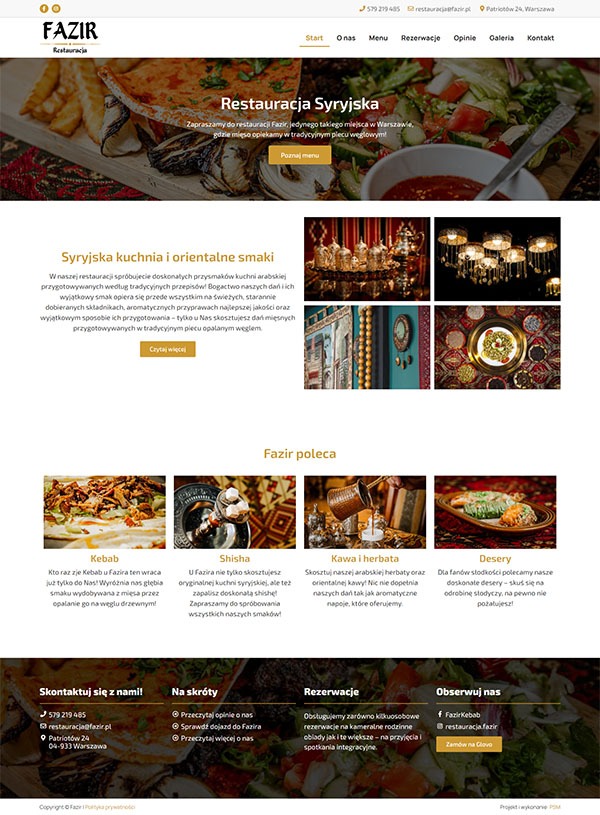 Strona internetowa restauracji syryjskiej Fazir z menu, rezerwacjami i informacjami kontaktowymi, prezentująca dania takie jak kebab, shisha, kawa i desery.