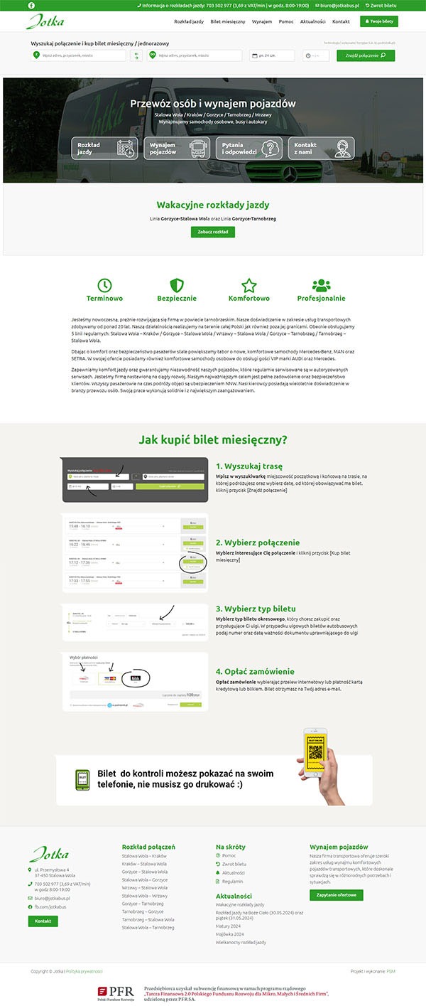 Zrzut ekranu strony internetowej firmy transportowej Jotka, prezentujący proces zakupu biletu miesięcznego online, od wyszukiwania trasy po opłacenie zamówienia, z widocznym interfejsem użytkownika...